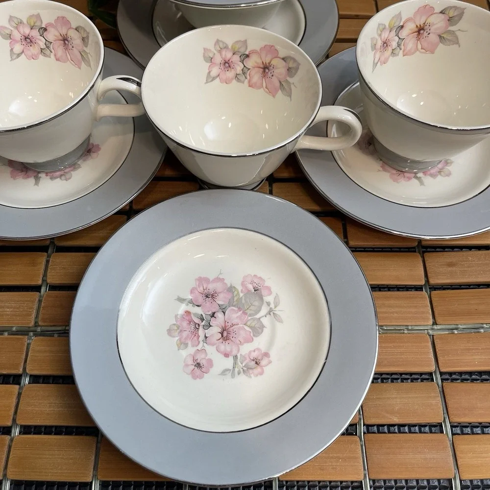 Vintage 1953 Homer Laughlin Cavalier Eggshell Cup & Saucer Set CV17 Gray Floral
